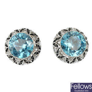 A pair of early 20th century zircon and diamond earrings.