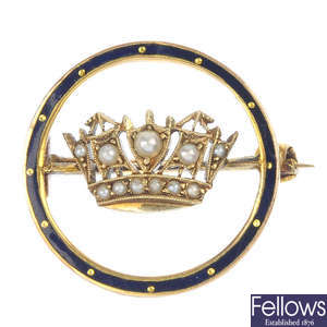 An early 20th century 9ct gold split pearl and enamel Naval Crown brooch.