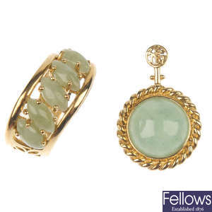 A 9ct gold jade pendant and a 9ct gold green-gem ring.
