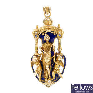 An early 20th century gold diamond, sapphire and enamel figural pendant.