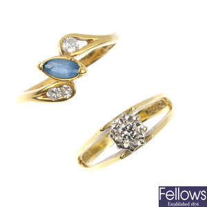 Two 18ct gold diamond and gem rings.