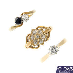 A selection of three 9ct gold diamond and gem-rings.