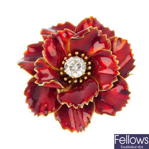 A mid 20th century diamond and enamel floral brooch.