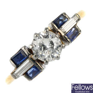 A mid 20th century diamond and sapphire ring.