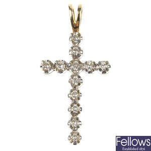 A diamond cross pendant and 18ct gold chain.