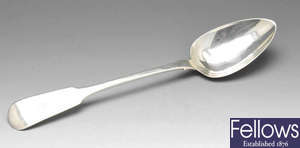 A George IV Irish silver Fiddle and Rattail pattern basting spoon, etc.