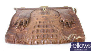 A box containing a vintage crocodile skin lady's handbag, etc.