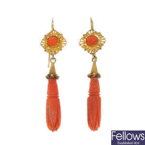 A pair of late 19th century continental gold coral ear pendants.