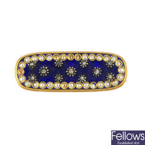A mid 19th century gold, diamond and enamel brooch.