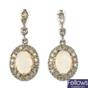 A pair of 18ct gold opal and diamond cluster ear pendants. 
