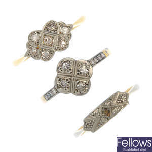 A selection of three early 20th century 18ct gold diamond dress rings.