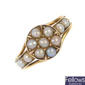 A late 19th century gold split pearl memorial ring