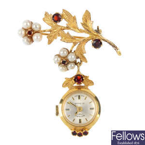 A 1960s 9ct gold garnet, cultured and imitation pearl fob watch.