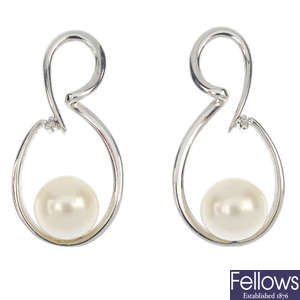 Two pairs of gem-set ear pendants.