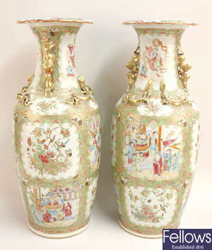 An impressive pair of Chinese Canton famille rose porcelain vases