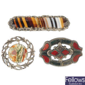 A selection of three late 19th to mid 20th century Scottish agate brooches.