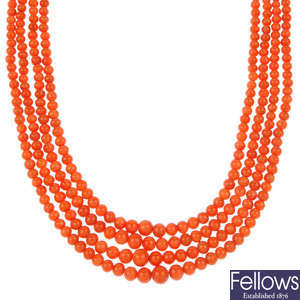 A late 19th century four strand coral necklace.