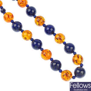 An amber and lapis lazili necklace.