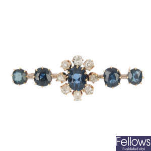 An early 20th century continental 14ct gold sapphire and diamond bar brooch. 