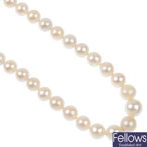 A freshwater cultured pearl necklace, with clasp. 