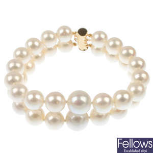 A freshwater cultured pearl two-row bracelet.
