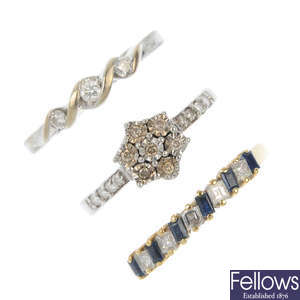A selection of five assorted diamond and gem-set rings.