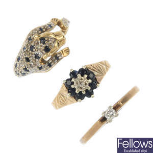 A selection of five 9ct gold diamond and gem-set rings.
