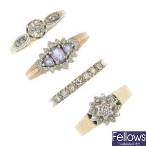 A selection of six 9ct gold diamond and gem-set rings.