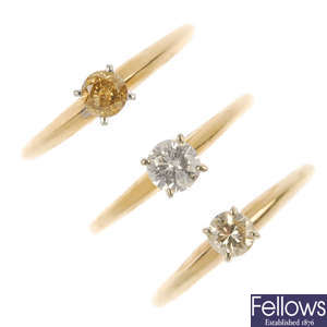 A selection of six diamond single-stone rings.