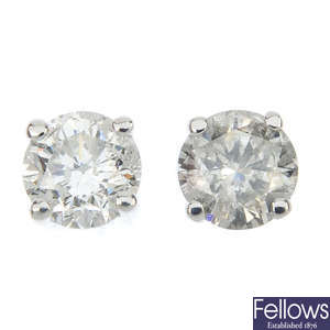 A pair of 9ct gold brilliant-cut diamond single-stone ear studs.