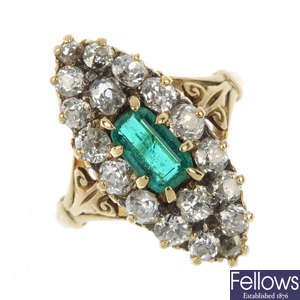 A late 19th century 18ct gold emerald and diamond panel ring.