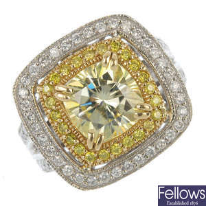 A synthetic moissanite, diamond and colour treated 'yellow' diamond dress ring.