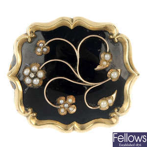 A late Victorian split pearl and enamel panel brooch,