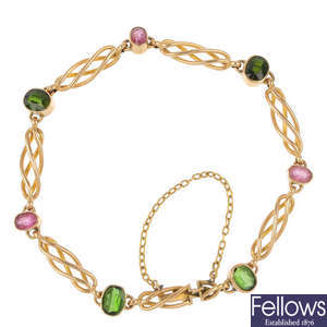 An early 20th century 15ct gold tourmaline bracelet.