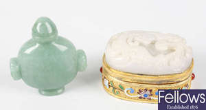 A small silver, enamel and white jade box, plus a scent bottle