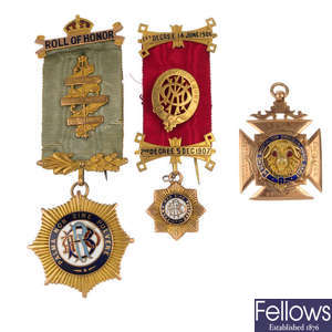 A selection of three 9ct gold Royal Antediluvian Order of Buffaloes medals.