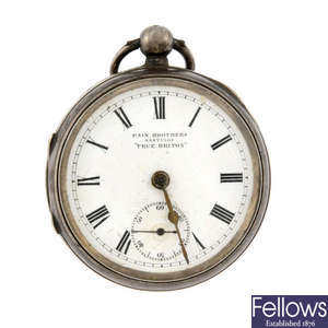 A silver open face pocket watch by Pain Brothers, Hastings. with two other examples.