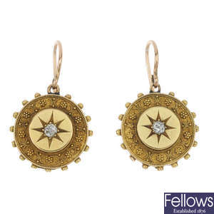 A pair of late 19th century gold diamond cannetille ear pendants.