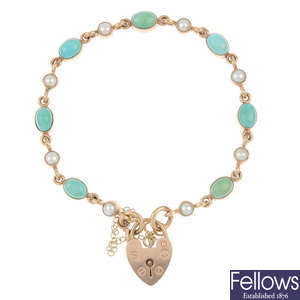 A turquoise and cultured pearl bracelet, with 9ct gold padlock clasp.