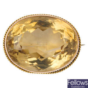 An early 20th century 9ct gold citrine single-stone brooch.