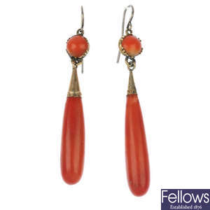 A pair of mid 20th century coral ear pendants