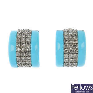 A pair of diamond and reconstituted turquoise earrings.