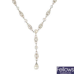 A mid 20th century natural pearl and diamond necklace.