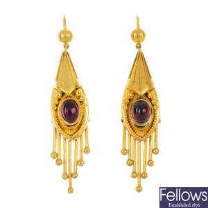 A pair of late 19th century 18ct gold garnet ear pendants.
