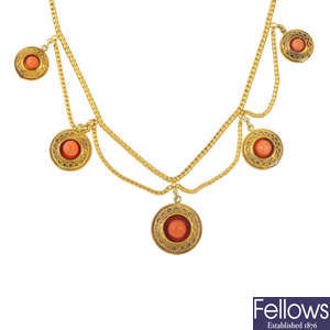 A mid Victorian gold coral mourning necklace, circa 1865.