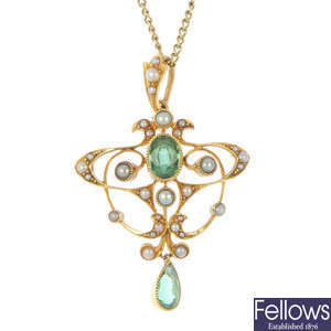 An early 20th century 15ct gold tourmaline and split pearl pendant.