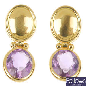 A pair of 18ct gold amethyst ear pendants. 