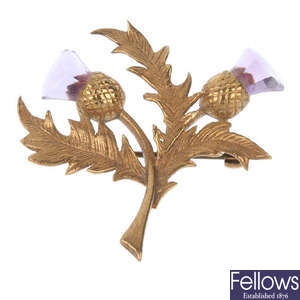 A 9ct gold amethyst thistle brooch.