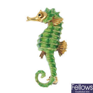 A mid 20th century 18ct gold enamel seahorse brooch.