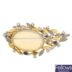An opal and diamond foliate brooch.